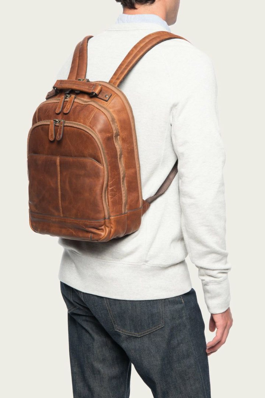 Men The Frye Company | The Frye Company Bags & Accessories Logan Multi Zip Backpack Cognac